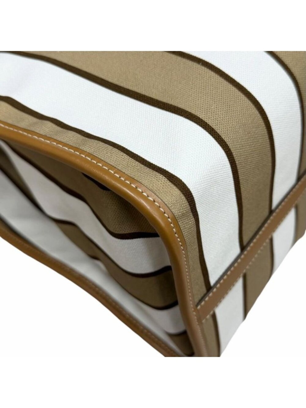 Prada Triangle Logo Stripe Leather Canvas Tote Brown White - Picture 6 of 14